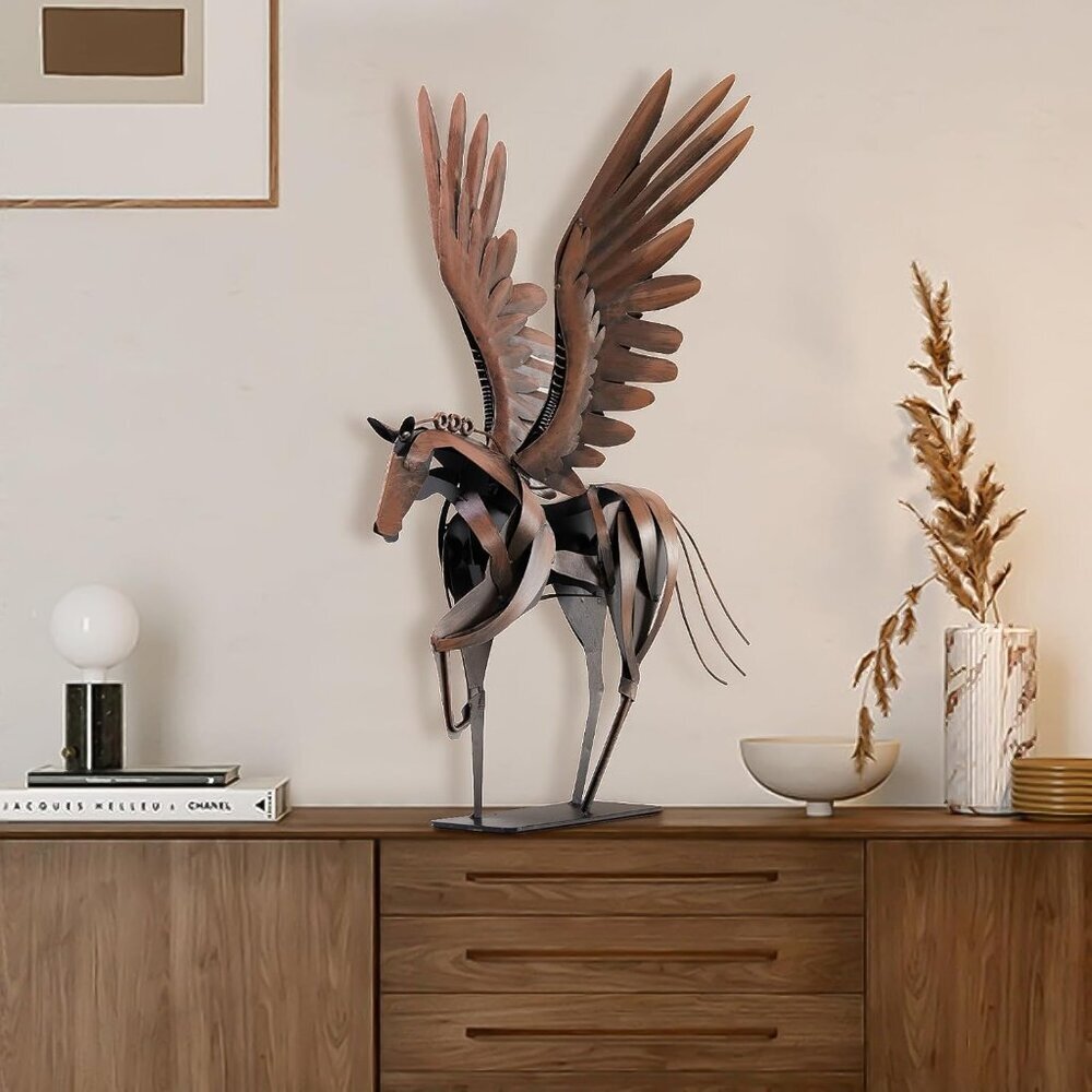 Horse Statue Décor Artwork 24" H Metal Pegasus Greek Flying Sculpture Brown - Picture 6 of 6